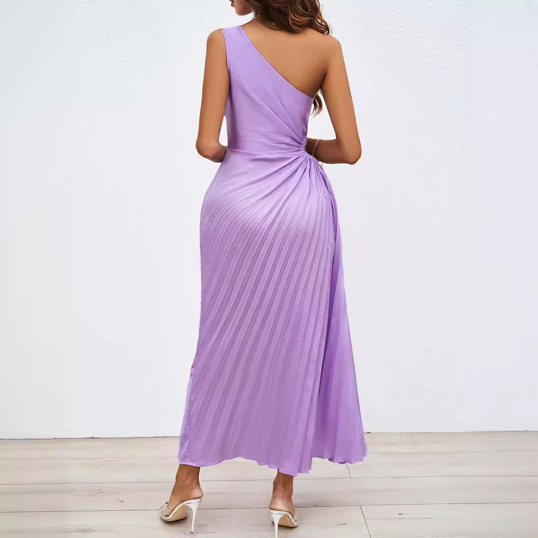 Women's Long Wrap Dress with Asymmetric Neckline and Pleated Design