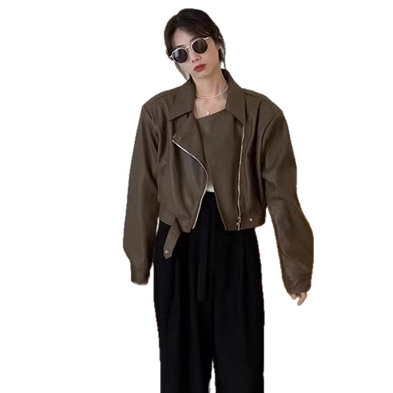 Women's Cropped Leather Jacket in Stylish Biker Design with Asymmetrical Zipper and Soft Materials