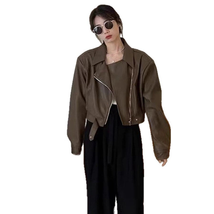 Women's Cropped Leather Jacket in Stylish Biker Design with Asymmetrical Zipper and Soft Materials