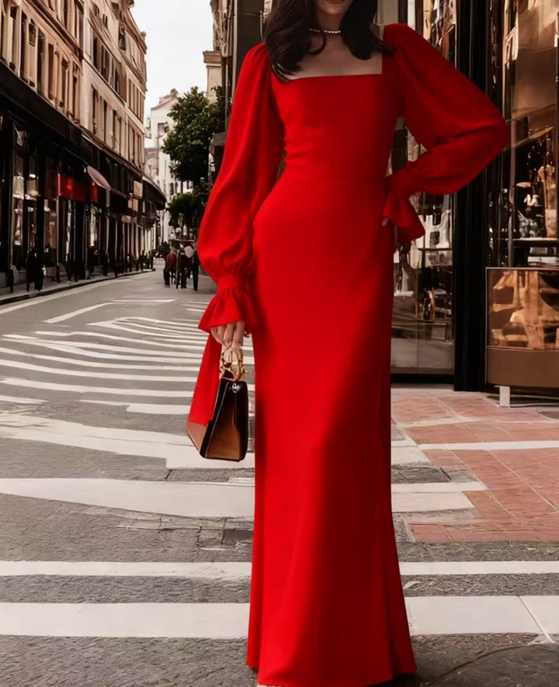 Ladies elegant maxi dress with puff sleeves and square neckline Lisslune