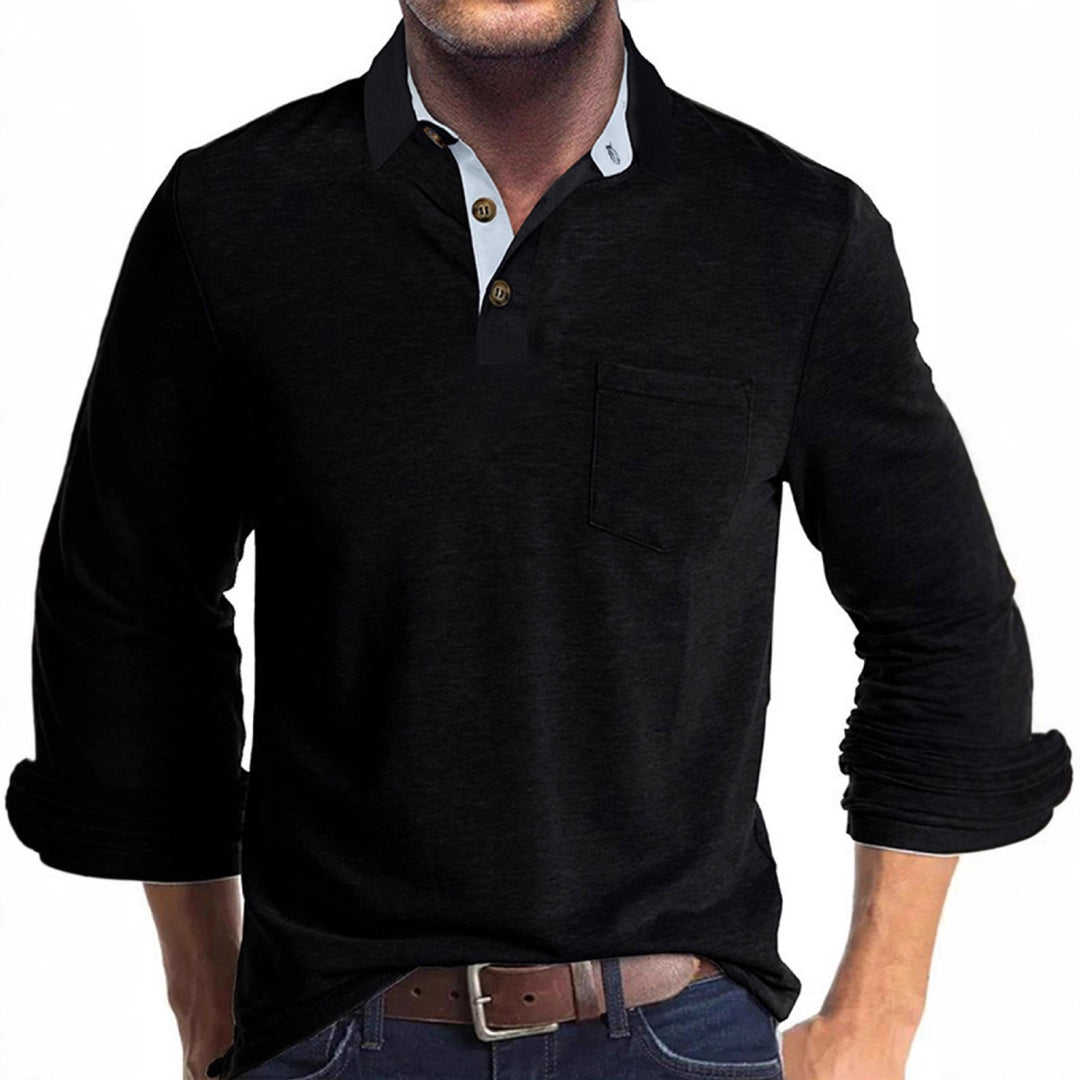 Men's casual long sleeve polo with innovative collar design and practical chest pocket Lisslune
