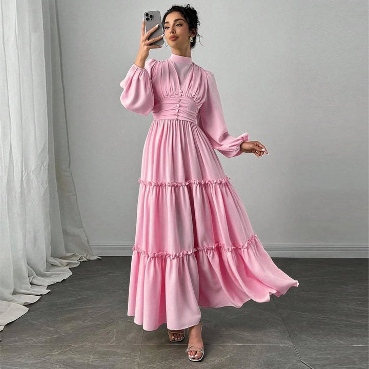 Ladies Maxi Dress with Elegant Ruffle Details and Gathered Top