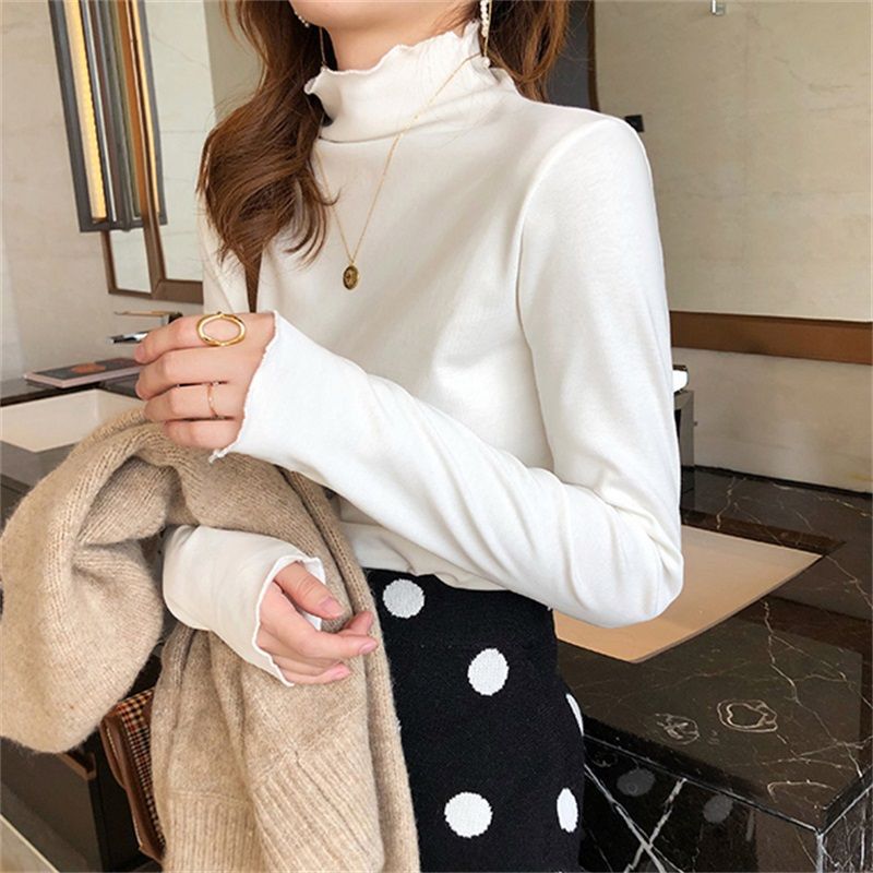 Women's Long Sleeve Turtleneck Top with Fine Rib Design and Casual Fit