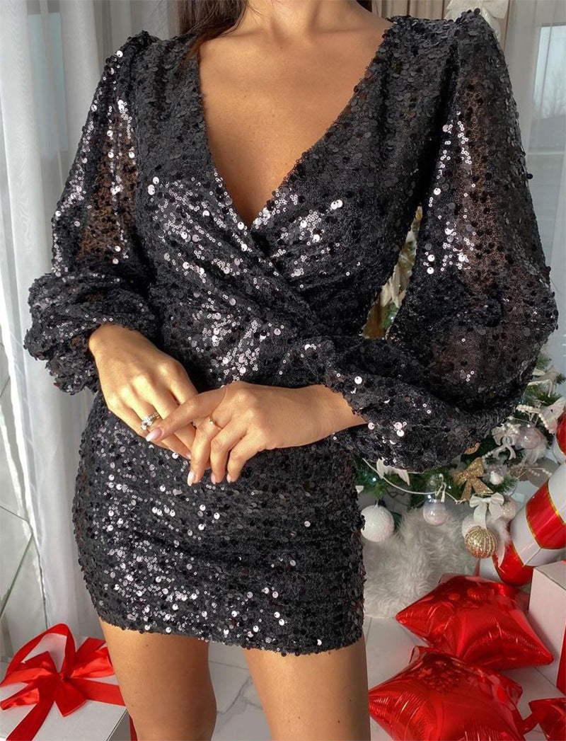 Women's sequined dress with V-neck and puff sleeves Lisslune