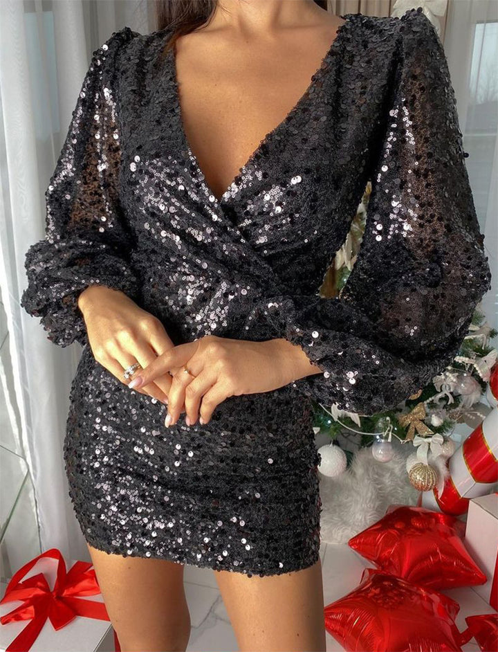 Women's sequined dress with V-neck and puff sleeves Lisslune