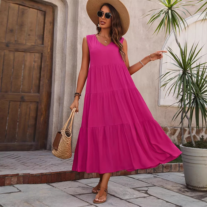 Damen Elegantes Sommer-Maxi-Kleid mit voluminösem Rock und V-Ausschnitt Lisslune