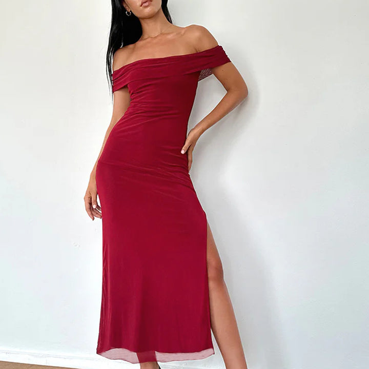 Ladies Off-Shoulder Maxi Dress with Elegant Draping Lune London