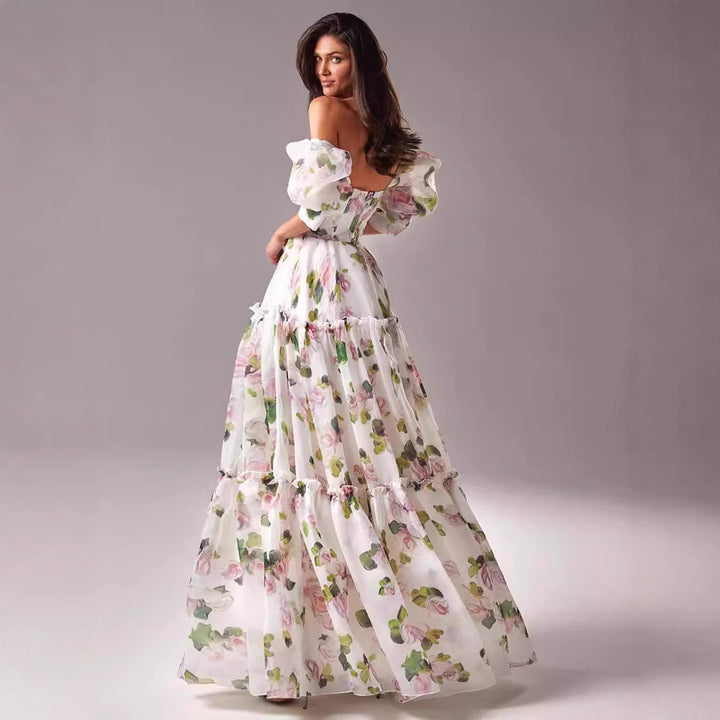 Women's Elegant Maxi Dress with Off-the-Shoulder Ruffle Sleeves and Floral Accents