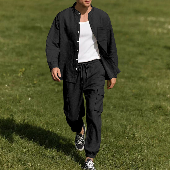 Men's Casual Linen Set with Button-Up Shirt and Cargo Pants Lisslune