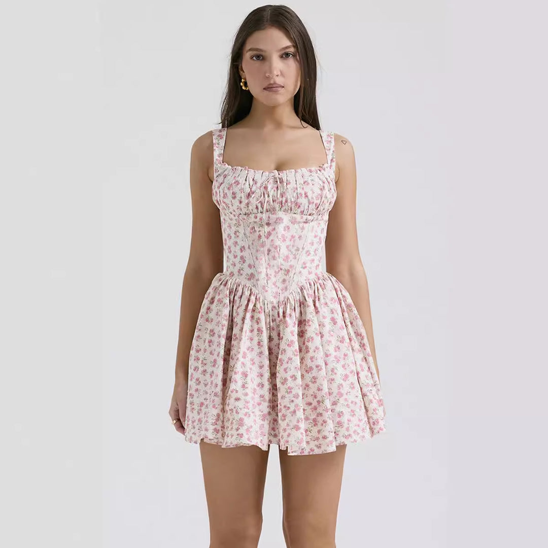 Ladies Playful Lined Mini Dress with Off-Shoulder Straps and Ruffle Details