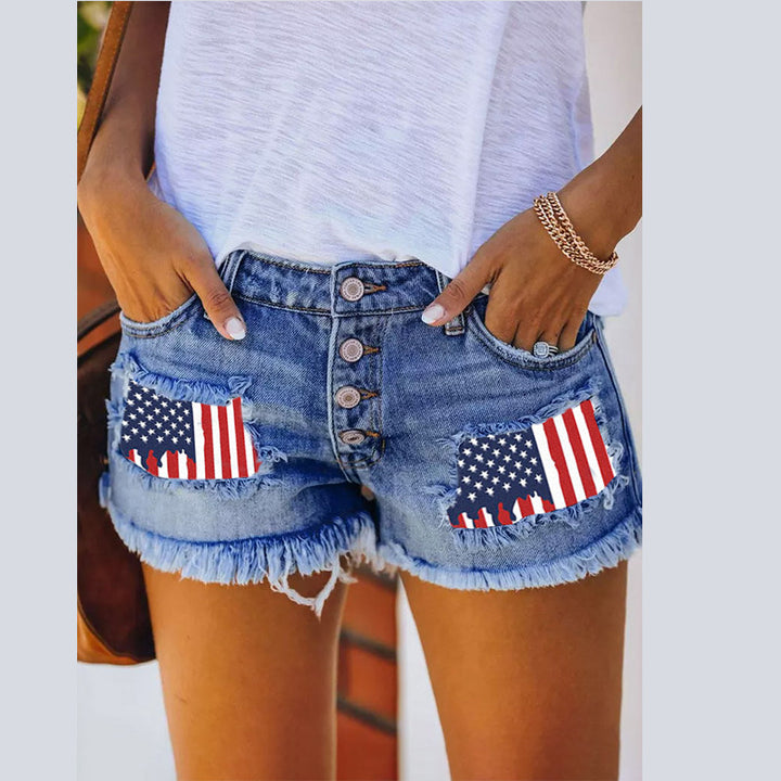 Women's denim shorts with vintage fringes and patriotic appliqués Lisslune