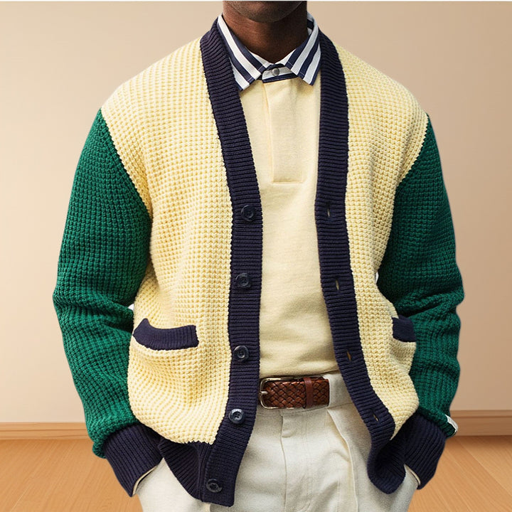 Men's Casual Cardigan in Modern Waffle Pattern with Contrast Sleeves and Practical Pockets Lisslune
