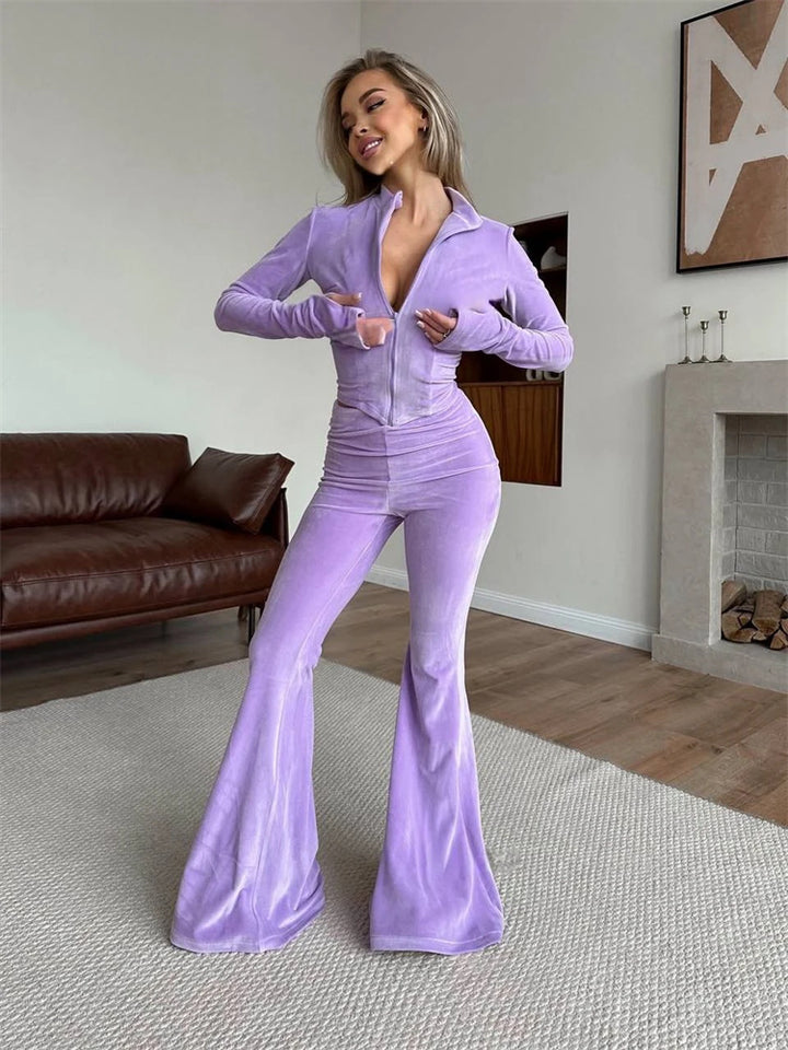 Ladies Fleece Track Suit with Elegant Zipper and Flared Legs Lisslune