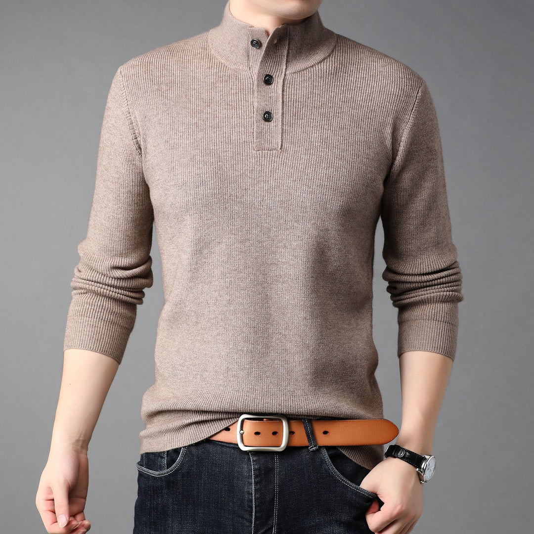 Men's Fine Knit Sweater with High Collar and Button Placket Lisslune