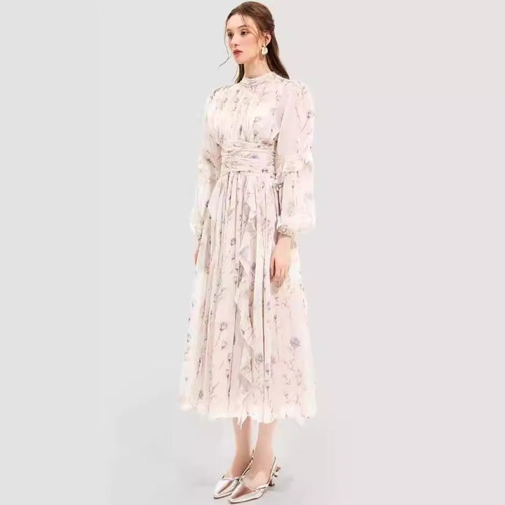 Women's midi dress with floral embroidery and elegant ruffled hem Lisslune