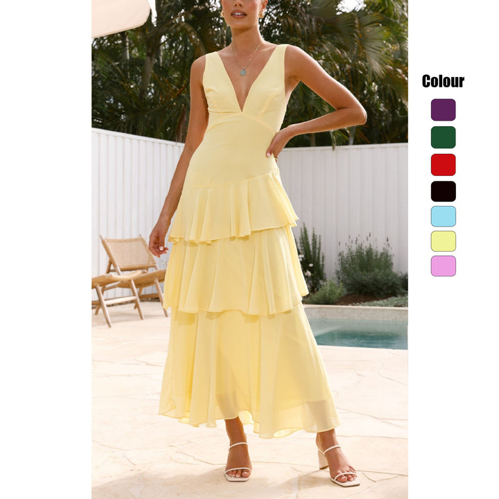 Women's maxi dress with seductive ruffle layers and deep V-neck