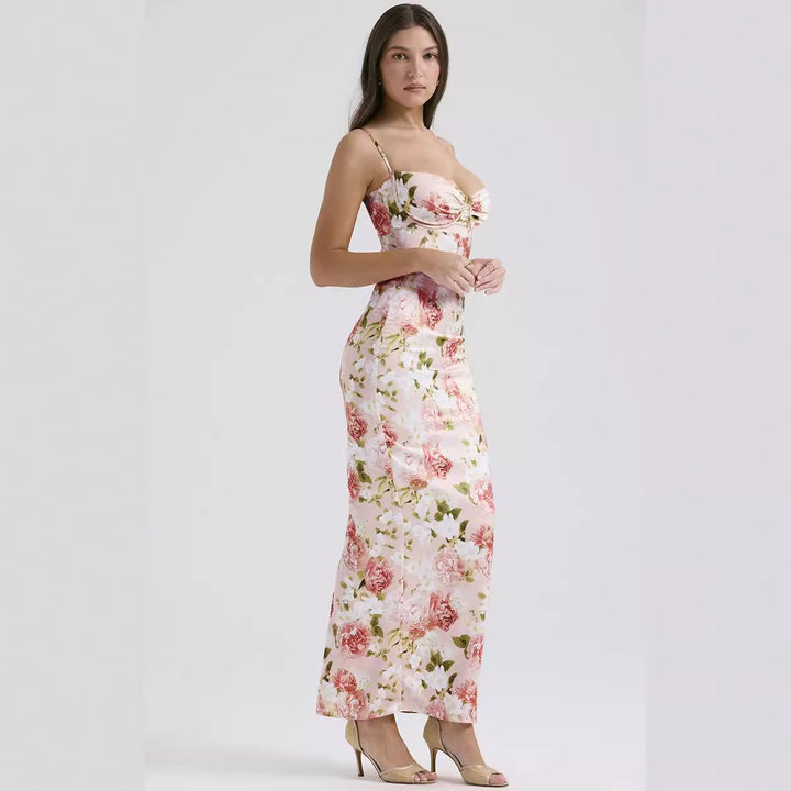 Women's Bodycon Maxi Dress with Floral Accents and Adjustable Spaghetti Straps