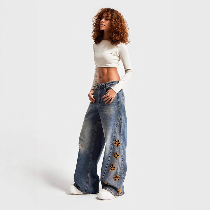 Damen weite Jeans mit floralem Stickdesign Lisslune