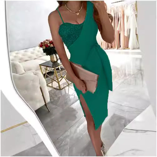 Women's fitted dress with shimmering top and waist belt