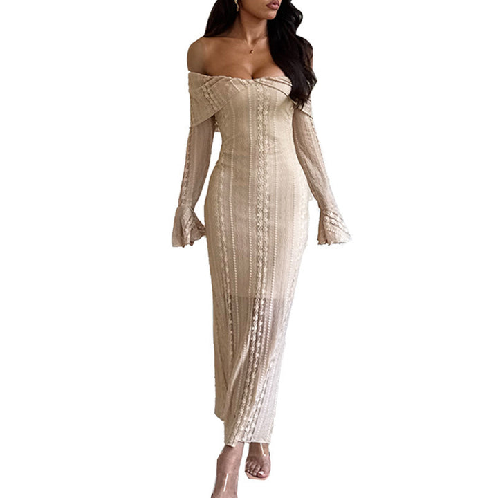 Women's elegant off-shoulder dress with figure-flattering design and knee-length