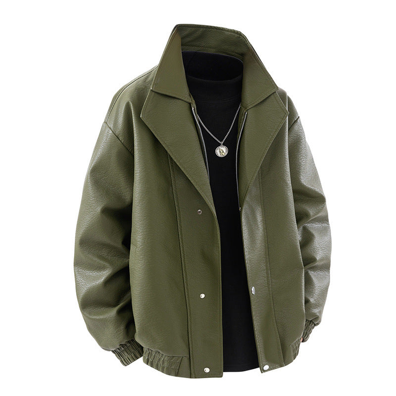 Men's fashionable oversized leather jacket with elegant collar and practical pockets Lisslune