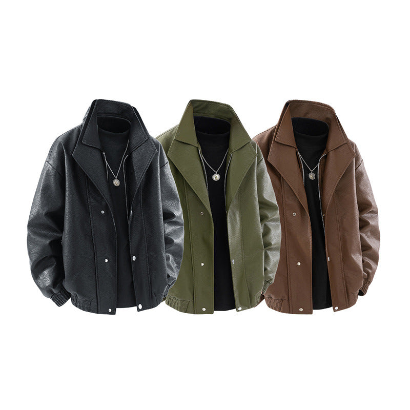 Men's fashionable oversized leather jacket with elegant collar and practical pockets Lisslune