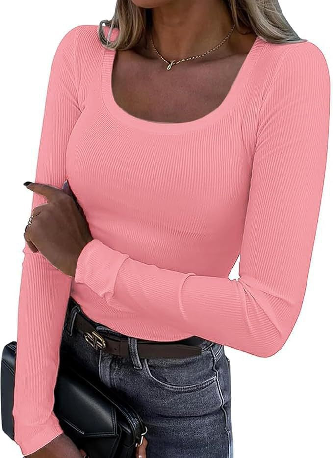 Women’s Long Sleeve Basic Top with Deep Round Neckline and Ribbed Structure Lisslune