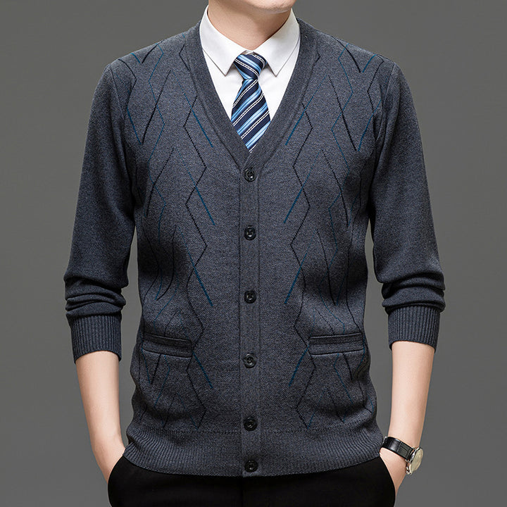 Men's Cardigan with Deep V-Neck and Elegant Diamond Pattern Lisslune