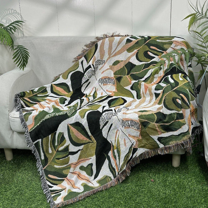 Rynx | Apartment decor inspiration Household flowers sofa blanket Polyester cotton 130 * 160cm with tassels Universal lounge blanket Coffee table tablecloth