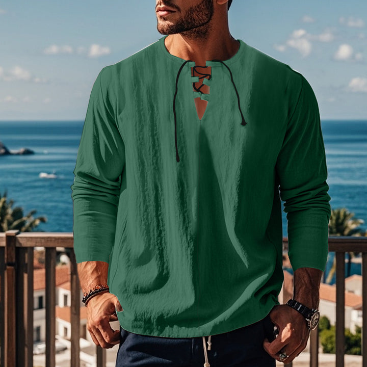 Men's casual long-sleeve shirt with neckline and lacing Lisslune