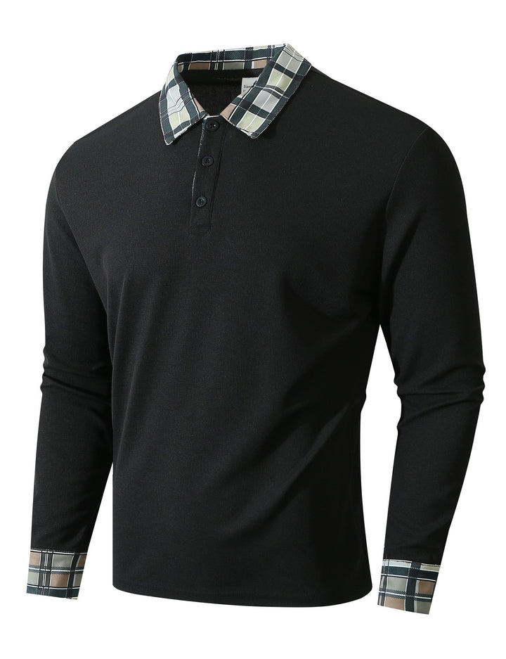 Men's Long Sleeve Polo Shirt with Fashionable Check Collar Lisslune