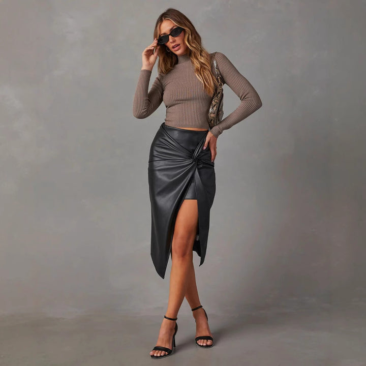 Women's synthetic leather skirt with asymmetrical cut and decorative knot Lune London