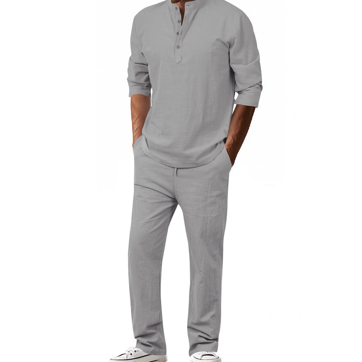 Men's modern leisure suit set with innovative button placket design and breathable properties Lisslune