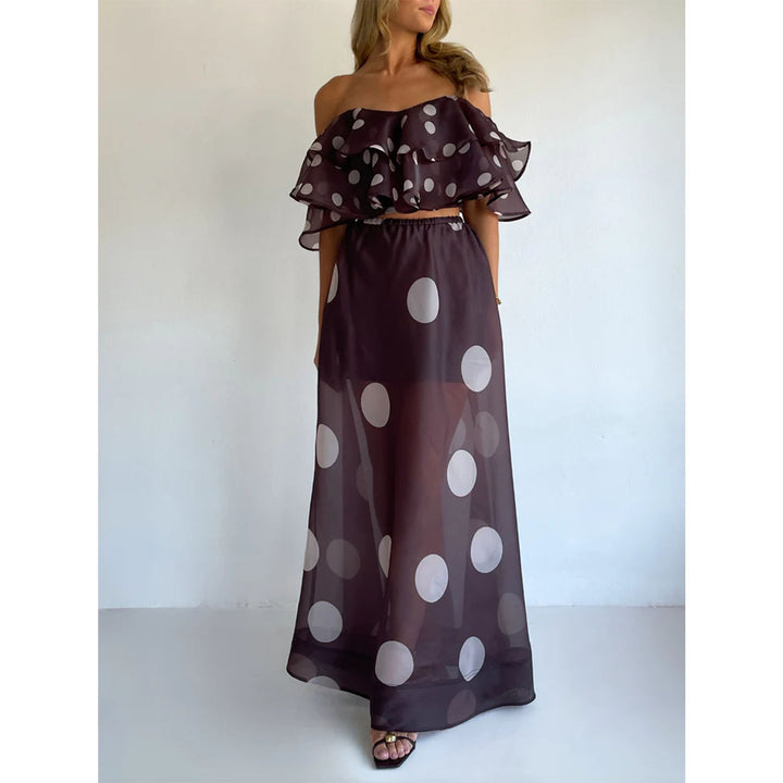 Ladies' maxi skirt set with off-shoulder top and playful ruffle design