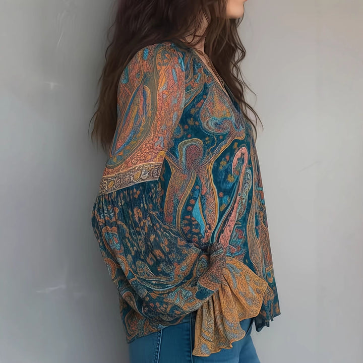 Damen Boho-Chic Bluse mit geflammten Ärmeln und V-Ausschnitt Lisslune