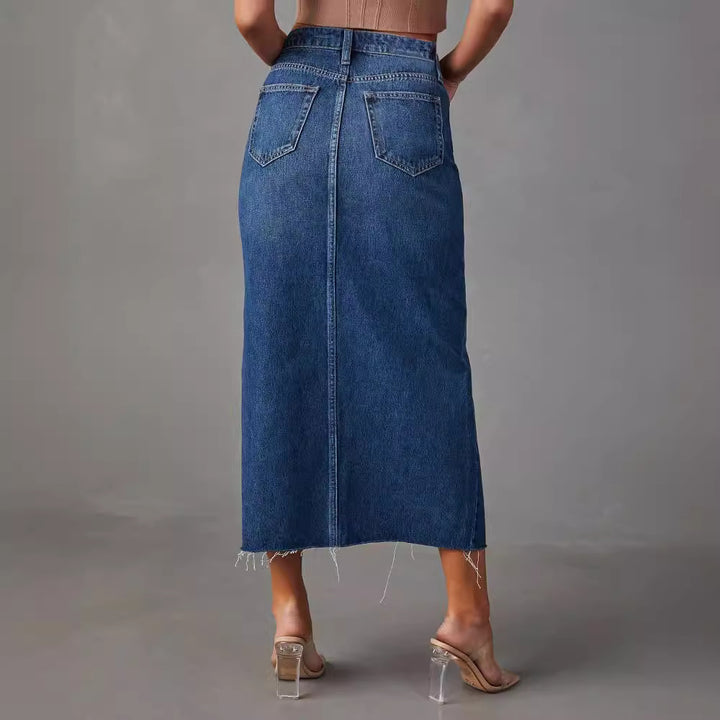 Women's high-cut denim mid skirt with side slit and frayed hems Lisslune