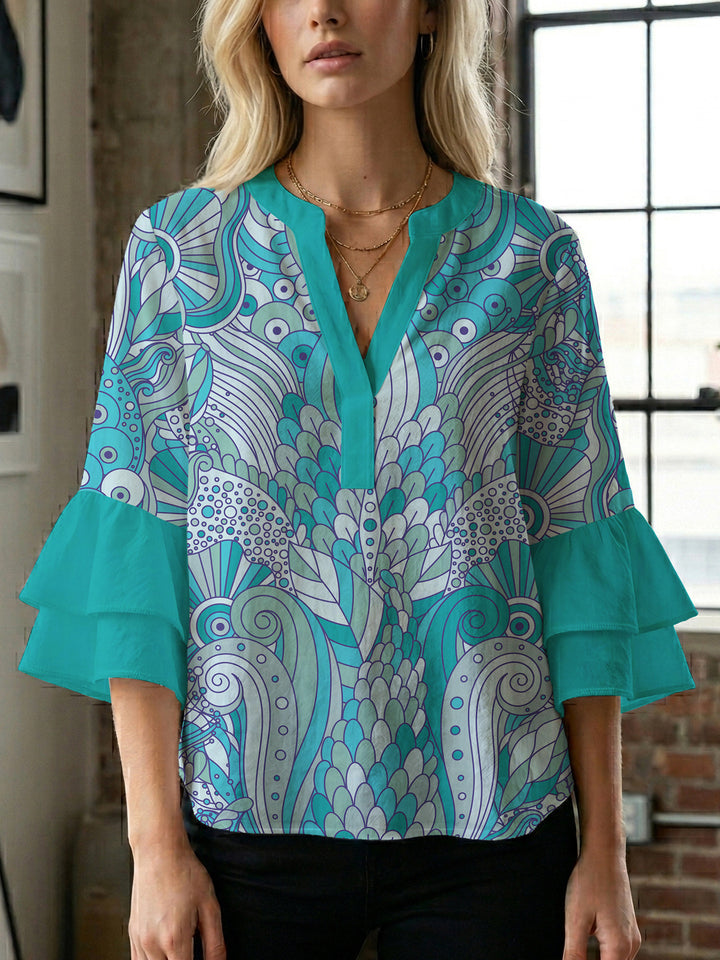 Women's blouse with voluminous ruffle sleeves and creative floral design Lisslune
