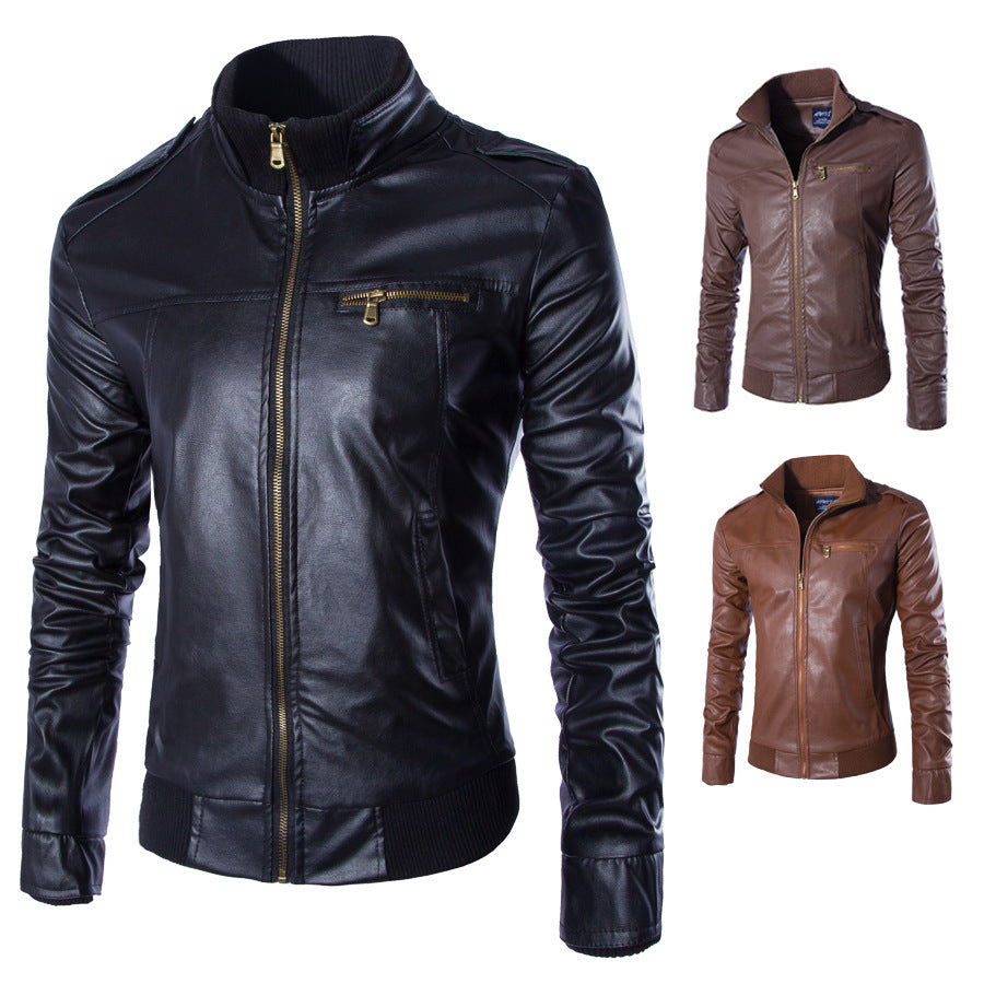 Men's fashionable synthetic leather jacket with zipper and fixed collar Lisslune