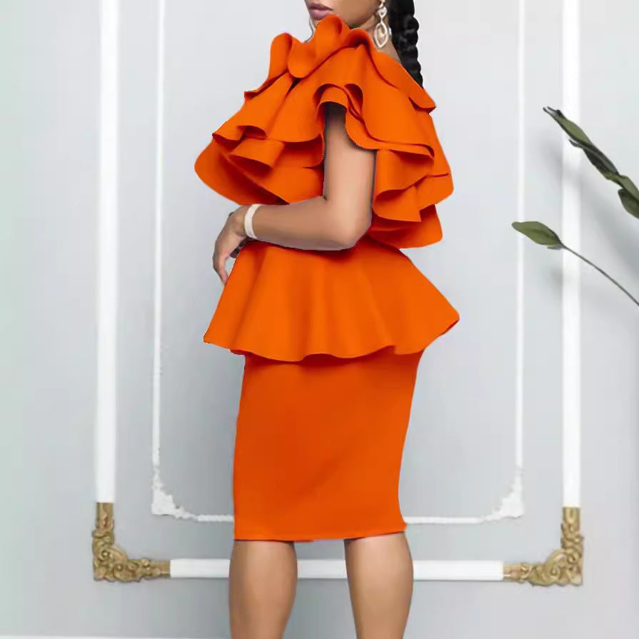 Women's Fitted Peplum Dress with Asymmetrical Neckline and Ruffle Details Lisslune