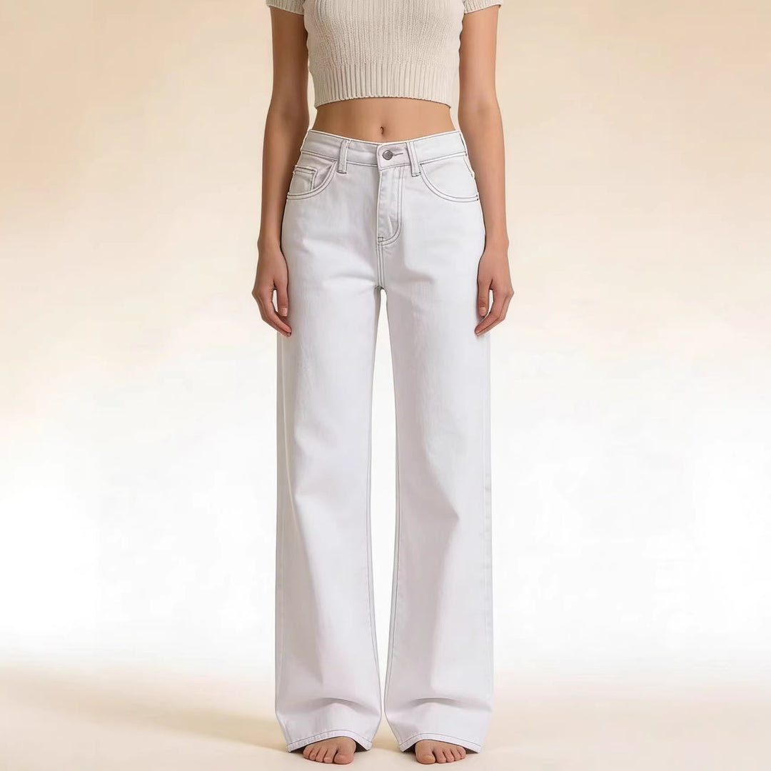 Damen weite Denim-Hose mit Vintage-Waschung und hoch geschnittenem Bund Lisslune