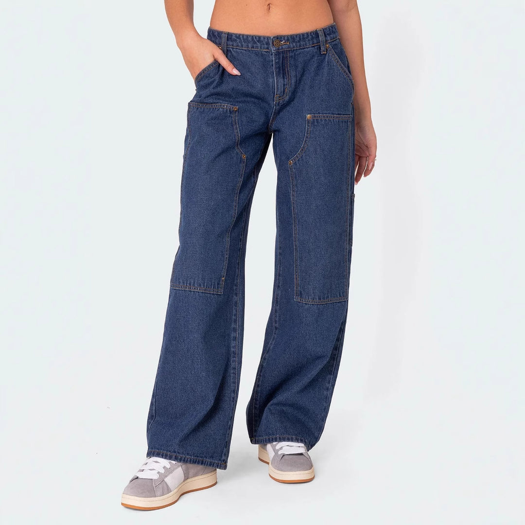Women's Wide Cut Utility Jeans with Practical Pockets and High Waist