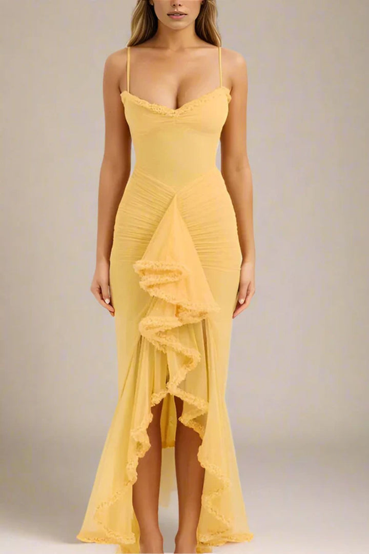 Women's Elegant Wrap Dress with Ruffle Details and High Slit