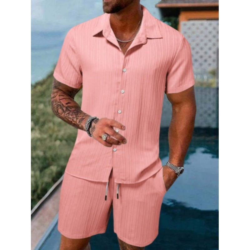 Men's short-sleeve leisure suit with textured design and elastic waistband Lisslune