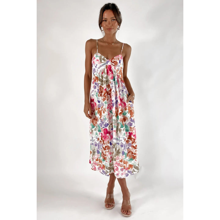 Ladies max dress with floral design and decorative knot detail Lune London