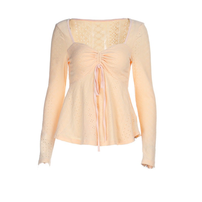 Women's Ruffle Shirt with Deep Heart Neckline and Playful Elegant Design