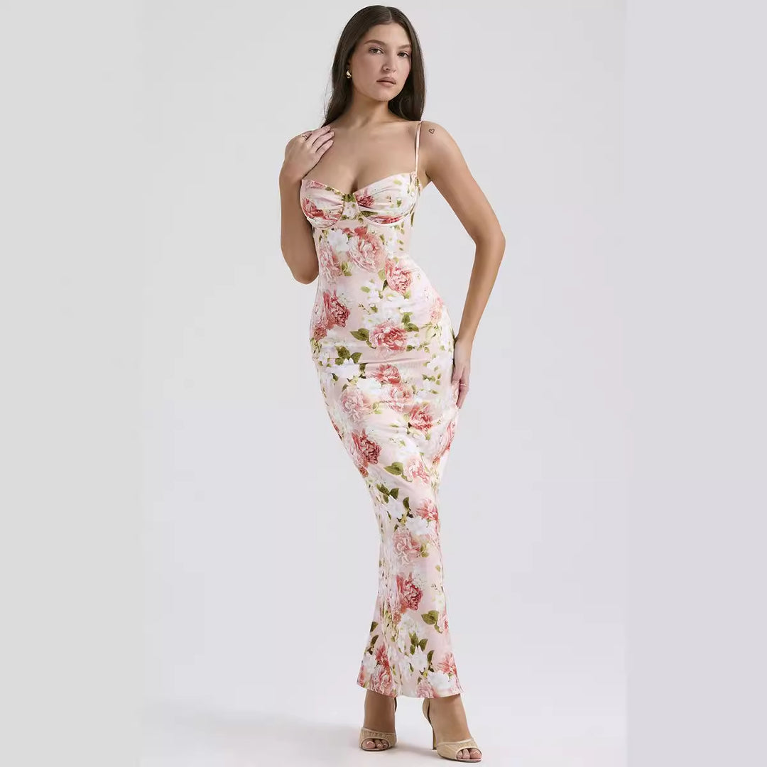 Women's Bodycon Maxi Dress with Floral Accents and Adjustable Spaghetti Straps