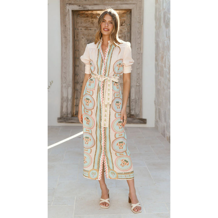 Women's maxi dress with sophisticated pattern and waist lacing Lune London