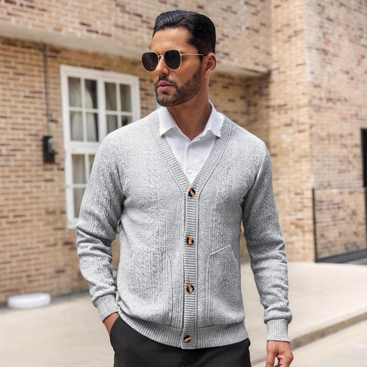 Men's stylish knitted cardigan with practical pockets and unique texture Lisslune