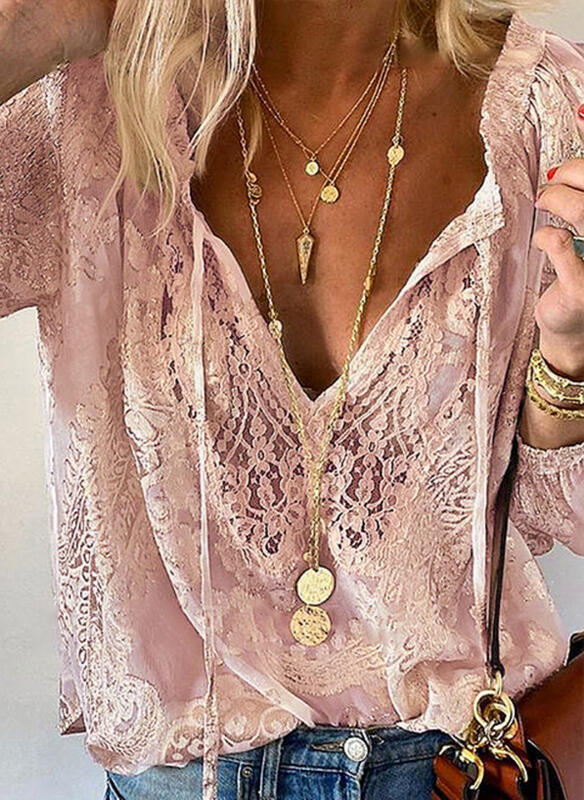 Women's elegant blouse with fine lace and deep V-neck Lisslune