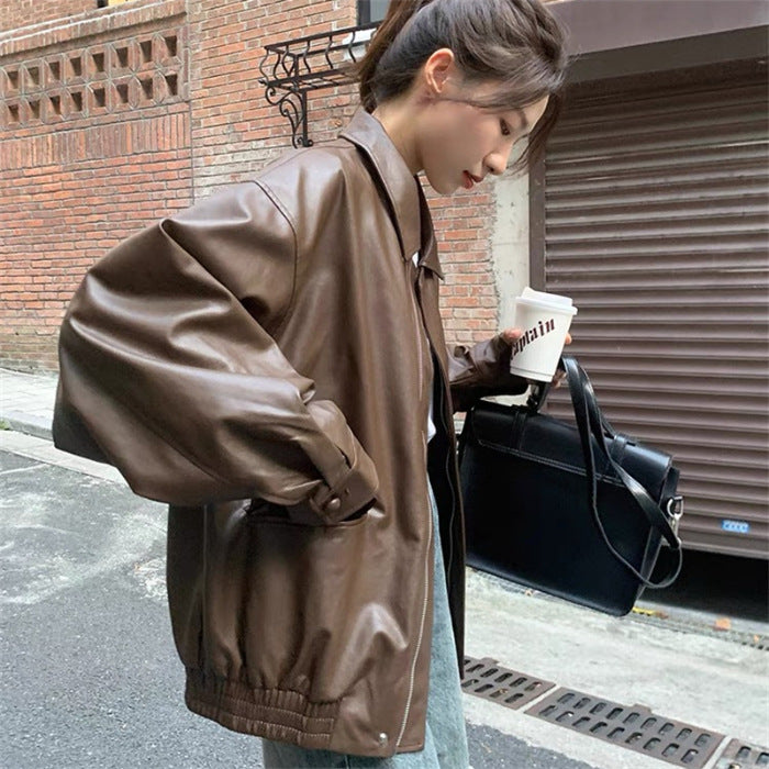 Women's Fashion Leather Jacket with Oversized Sleeves and Elastic Hem Lisslune